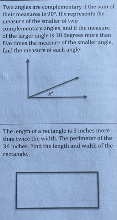 Two angles are complementary if the sum of their measures is \( 90^{\circ} \). If \( x \) represents the measure of the small