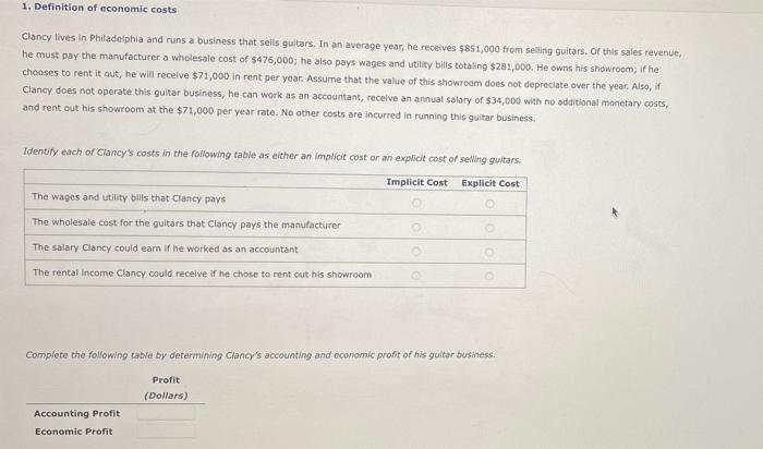 Solved 1. Definition of economic costs Clancy lives in | Chegg.com