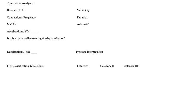 Time Frame Analyzed: Baseline FHR: Variability Duration: Contractions: Frequency: MVUs: Adequate? Accelerations: Y/N Is this