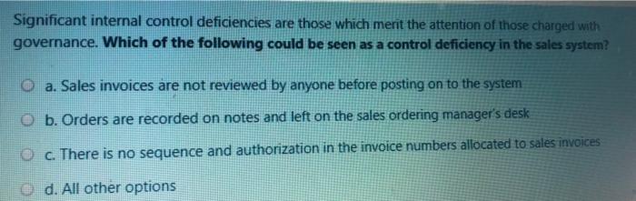Solved Significant internal control deficiencies are those | Chegg.com
