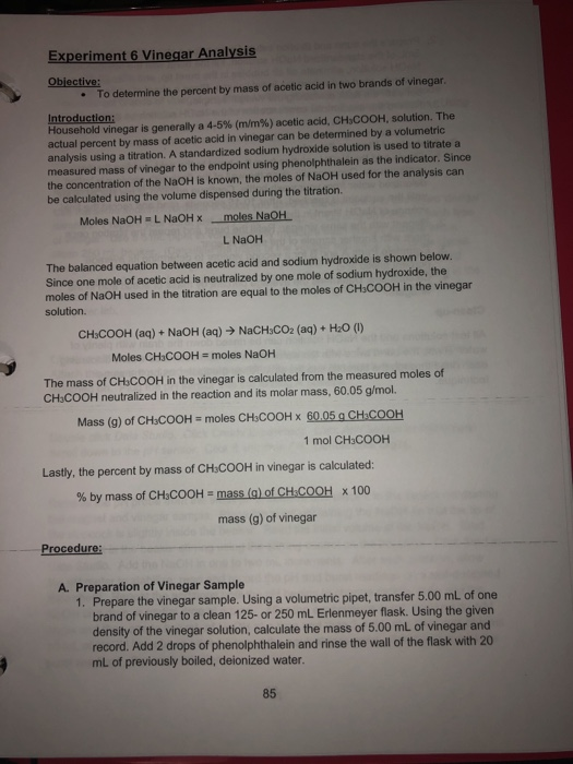 Solved Experiment 6 Vinegar Analysis Objective To determine