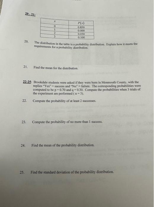 Solved 20. The distribution in the table is a probubility | Chegg.com