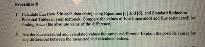 Solved Procedure D 1. Calculate Ecell (row 5 in each data | Chegg.com