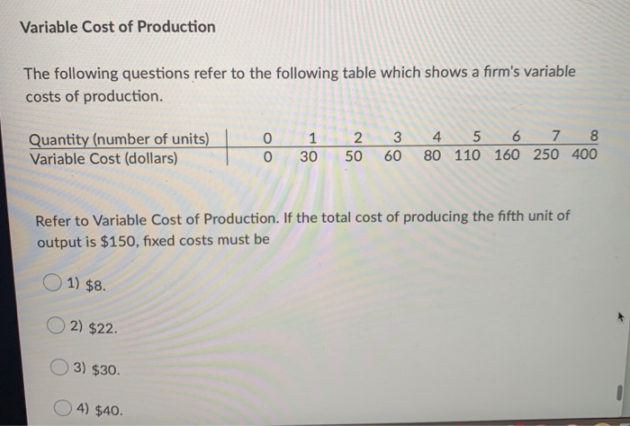 solved you can decrease the variable production costs ... Solved Question 97 (1 point Saved Variable Cost of | Chegg.com