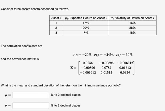 Solved Consider three assets assets described as follows. | Chegg.com