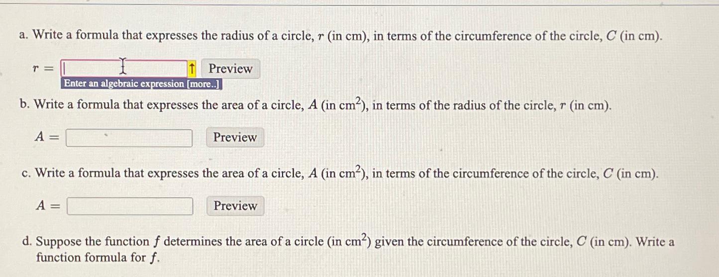 Solved a. ﻿Write a formula that expresses the radius of a | Chegg.com