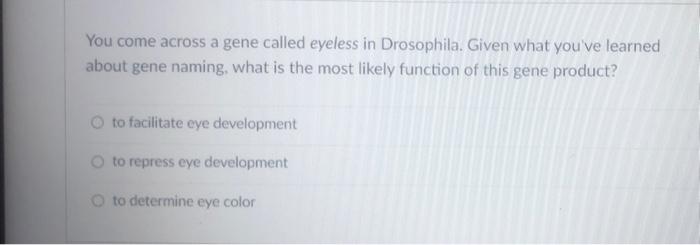 You come across a gene called eyeless in Drosophila. Given what youve learned about gene naming, what is the most likely fun