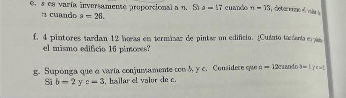 e. \( s \) es varía inversamente proporcional a \( n \). Si \( s=17 \) cuando \( n=13 \), determine el valot de \( n \) cuand