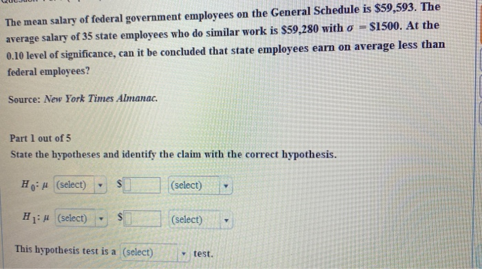 Solved The mean salary of federal government employees on | Chegg.com