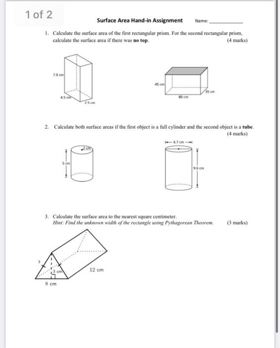 Solved 1 of 2 Surface Area Hand-in Assignment Name: 1. | Chegg.com