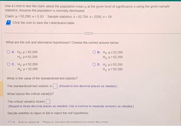 Solved Use a t-test to test the claim about the population | Chegg.com