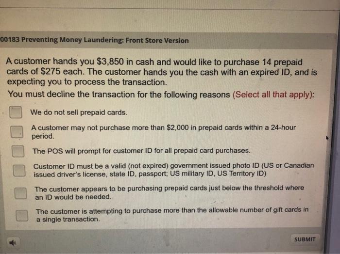 Solved 800183 Preventing Money Laundering Front Store