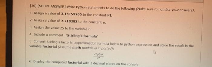 Solved [30] [SHORT ANSWER] Write Python statements to do the | Chegg.com