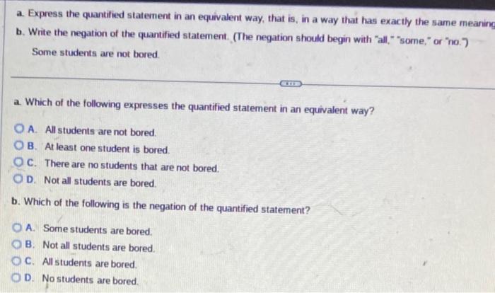 Solved a. Express the quantified statement in an equivalent | Chegg.com