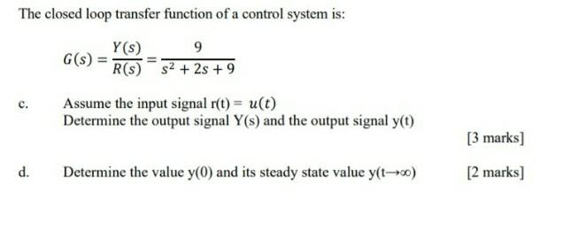 Solved The closed loop transfer function of a control system | Chegg.com