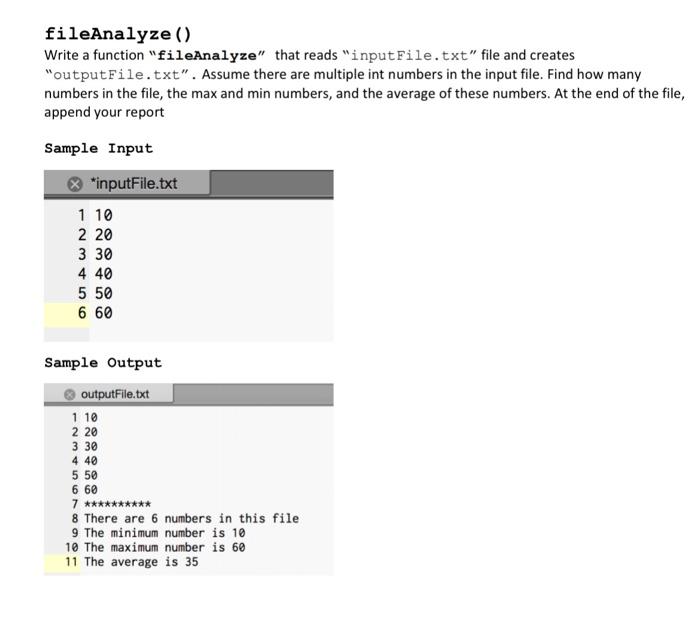 Solved fileAnalyze () Write a function "fileAnalyze" that | Chegg.com