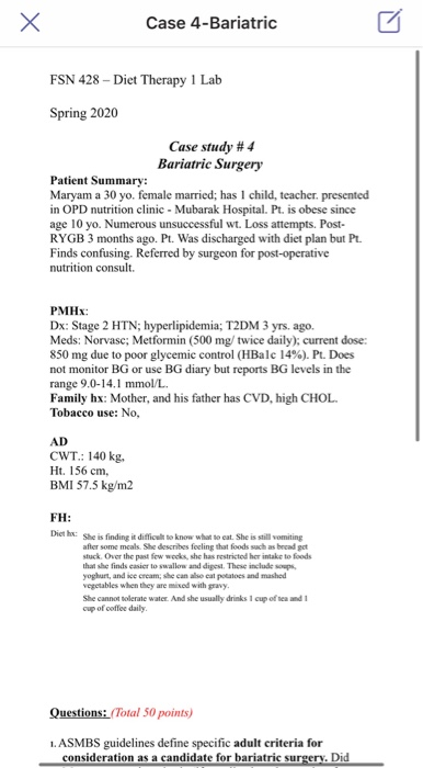 Solved H Case 4 Bariatric Fsn 428 Diet Therapy 1 Lab Sp Chegg Com