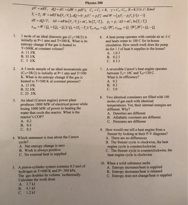 Solved Physics 0 P Nrt Dqdu Dw Pdv C C R Y Chegg Com