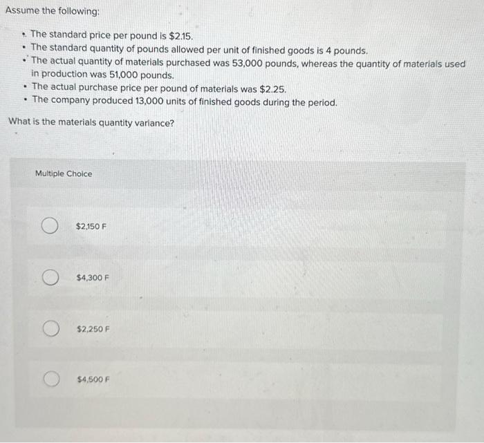 Solved Assume the following The standard price per pound