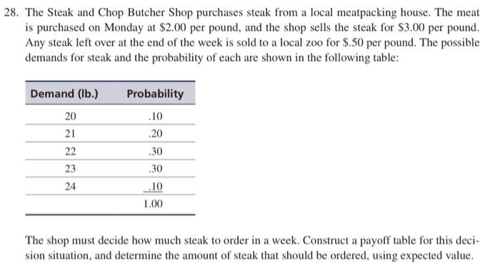 Solved 28. The Steak and Chop Butcher Shop purchases steak | Chegg.com
