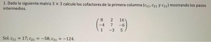 1. Dada la siguiente matriz \( 3 \times 3 \) calcule los cofactores de la primera columna \( \left(c_{11}, c_{21}\right. \) y