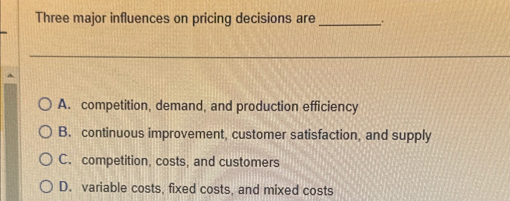 Solved Three major influences on pricing decisions areA.