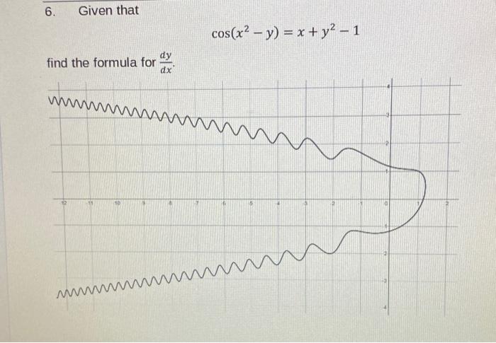 6. Given that
\[
\cos \left(x^{2}-y\right)=x+y^{2}-1
\]
find the formula for \( \frac{d y}{d x} \).
