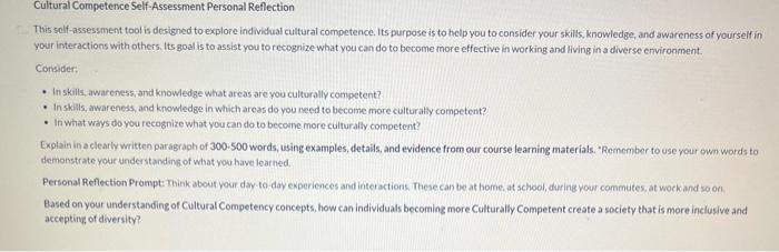 Cultural Competence Self-Assessment Personal | Chegg.com