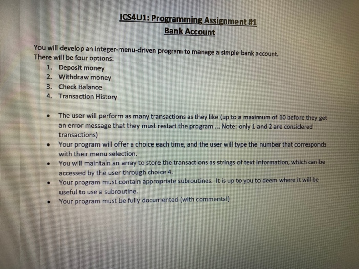 Solved ICS4U1: Programming Assignment #1 Bank Account You | Chegg.com