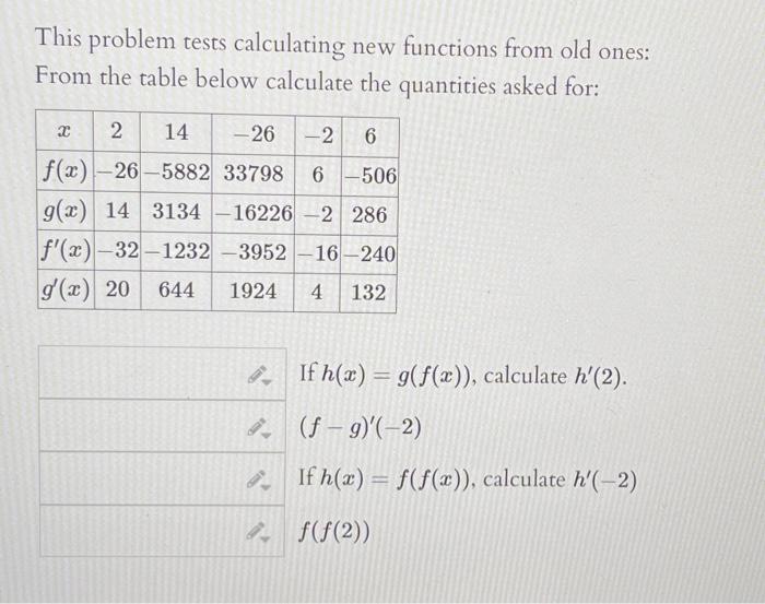 This problem tests calculating new functions from old ones: From the table below calculate the quantities asked for:
If \( h(