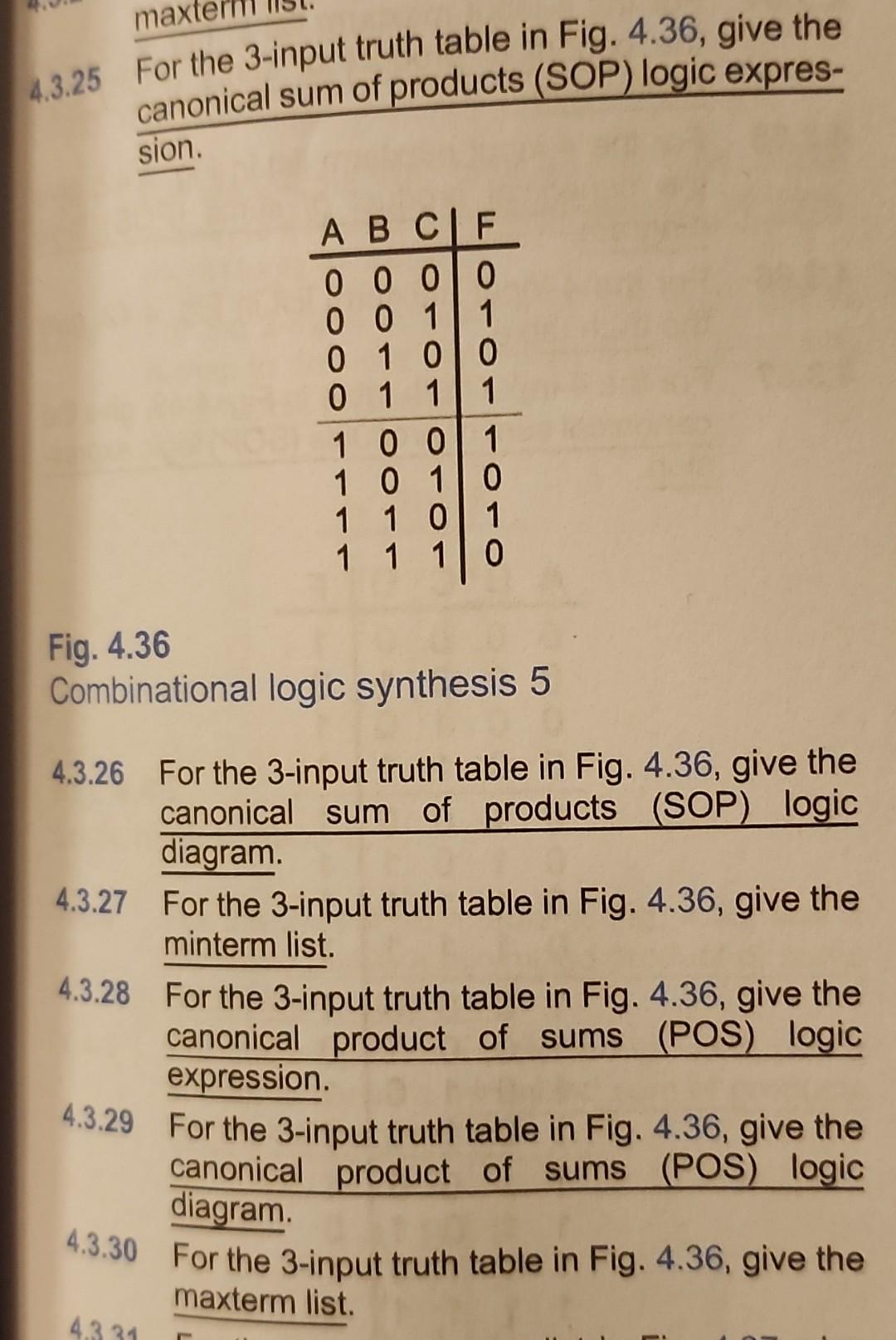 Solved 4.3.25 For the 3-input truth table in Fig. 4.36, give | Chegg.com