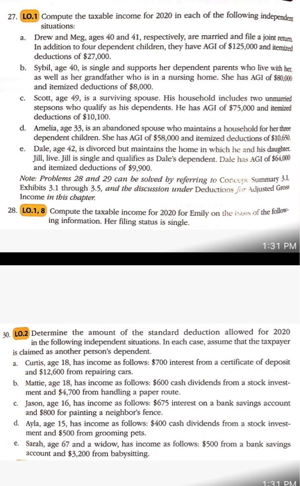 27. LO.1 Compute The Taxable Income For 2020 In Each | Chegg.com