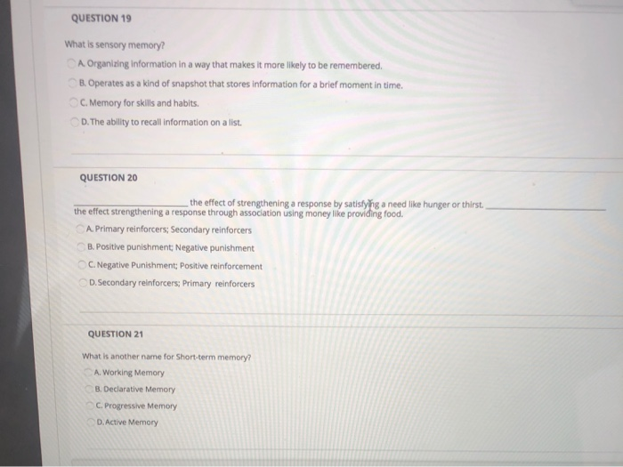 Solved Question 19 What Is Sensory Memory A Organizing Chegg Com
