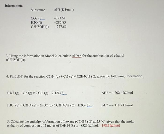 Solved Information Substance AHF KJ mol CO2 g H20 1 Chegg