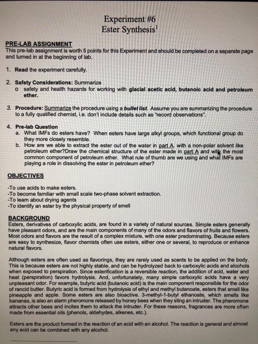 Solved Experiment 6 Ester Synthesis Pre Lab Assignment This 6555