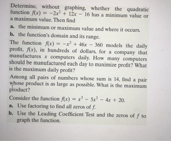 Solved Determine, without graphing, whether the quadratic | Chegg.com