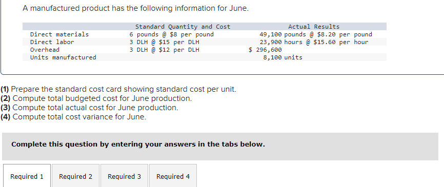 Solved (1) ﻿Prepare the standard cost card showing standard | Chegg.com