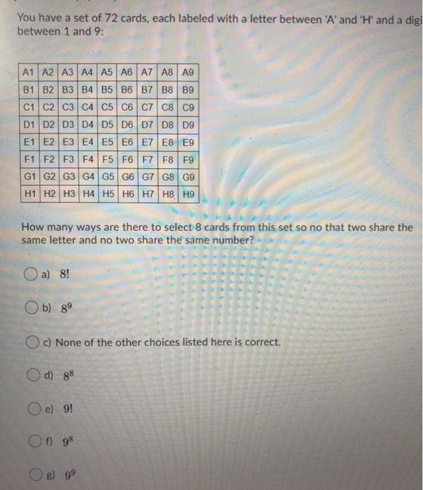 Solved You have a set of 72 cards, each labeled with a | Chegg.com 