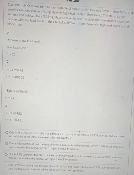 Solved Data lists full IQ scores for a random sample of | Chegg.com