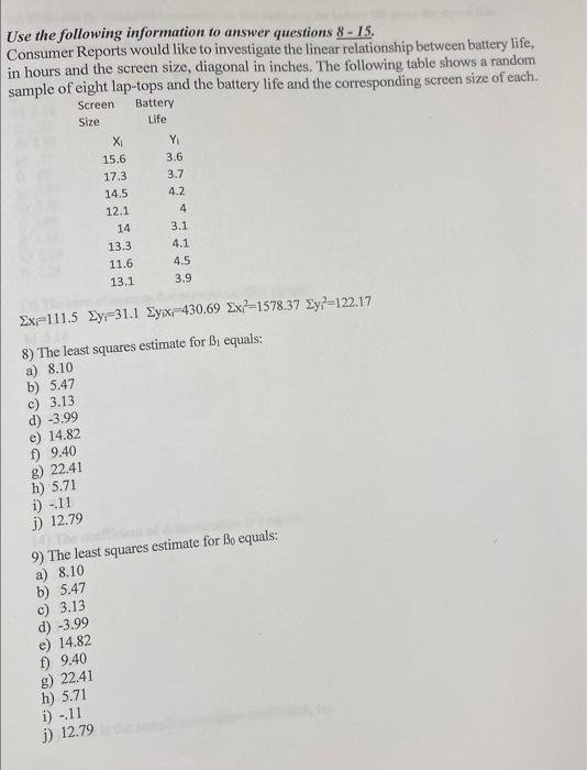 Solved Use The Following Information To Answer Questions 8