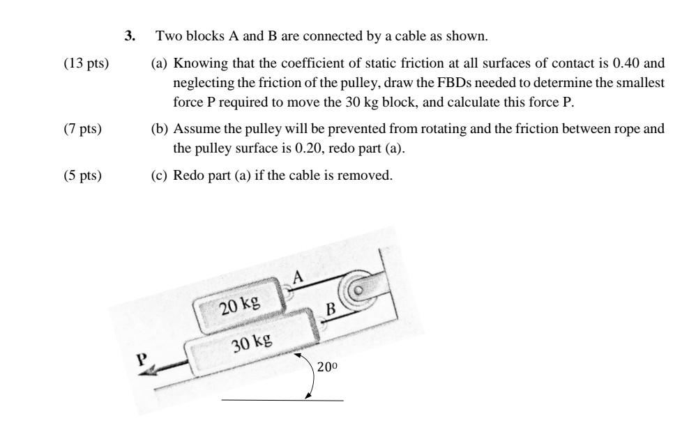 Solved 3. Two blocks A and B are connected by a cable as | Chegg.com