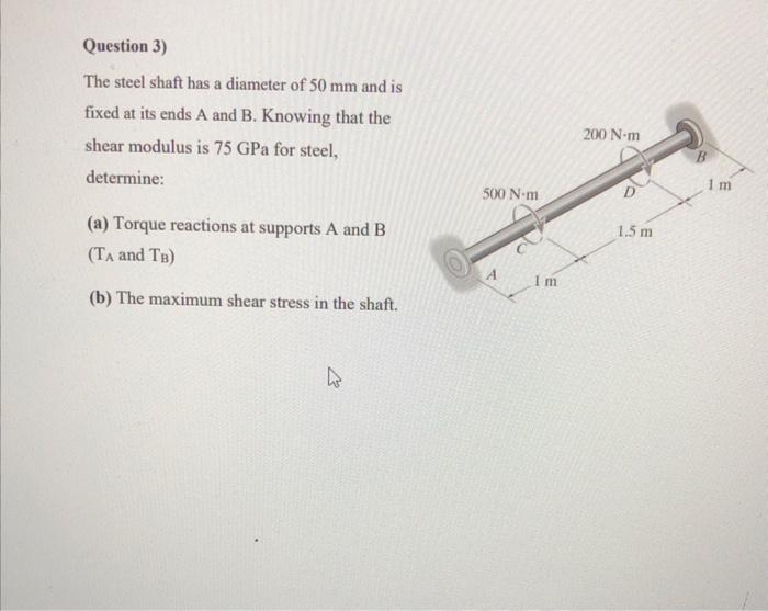 Solved Question 3) The steel shaft has a diameter of 50 mm | Chegg.com