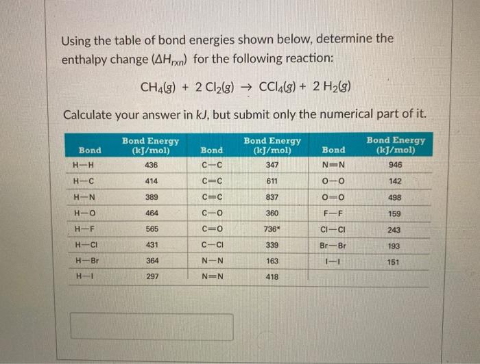 Solved Using The Table Of Bond Energies Shown Below Chegg Com