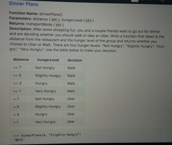 Solved Dinner Plans Function Name: dinner Plans() | Chegg.com