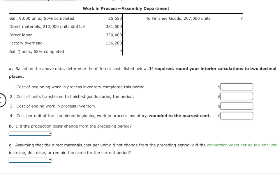 Solved Work in Process-Assembly Departmenta. ﻿Based on the | Chegg.com