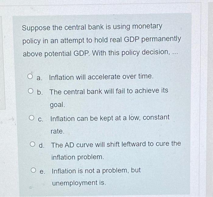 Solved Suppose The Central Bank Is Using Monetary Policy In | Chegg.com