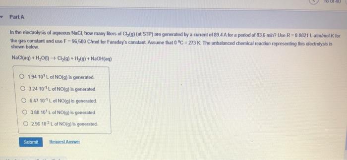 Solved Part A In The Electrolysis Of Aqueous Nacl How Ma Chegg Com