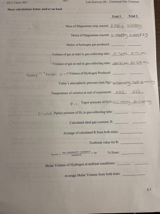 Flc Chem 305 Lab Exercise 8 Universal Gas Constant Chegg 