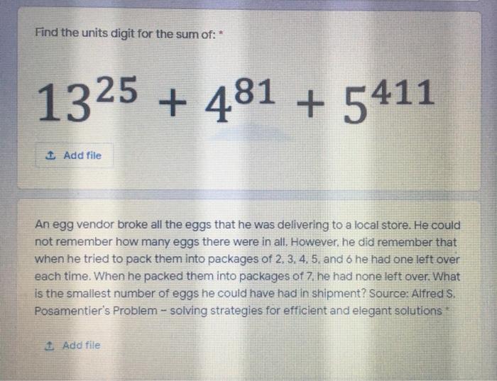 Solved Find the units digit for the sum of: 1325 + 481 + | Chegg.com