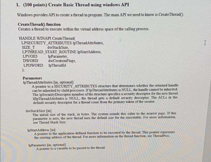 Solved 1. (100 points) Create Basic Thread using windows API | Chegg.com